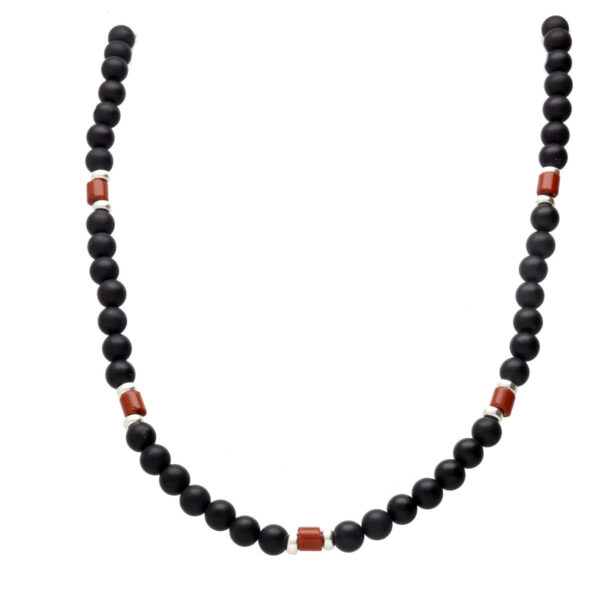 Herenketting Classic B6 - Mat Onyx - handgemaakte Keniaanse rode glaskralen - Sterling Zilver